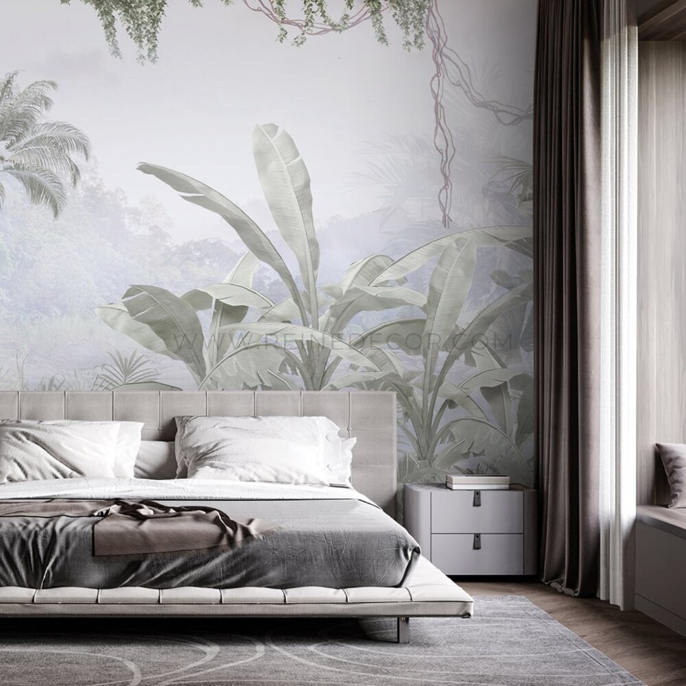 Lush Greenery of a Silver Rainforest in White Wallpaper | Tropical Botanical Wal